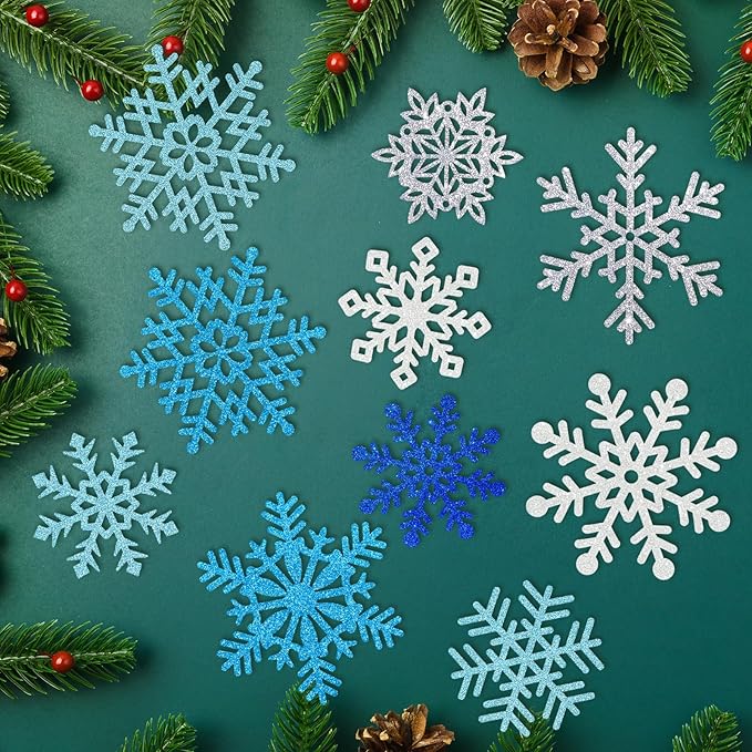Winter Snowflake Cutouts Glitter Paper Decorations - 50Pcs Blue and Silver Double-Side Christmas Cutouts for Holiday Winter Wonderland Bulletin Board, Frozen Party Decor