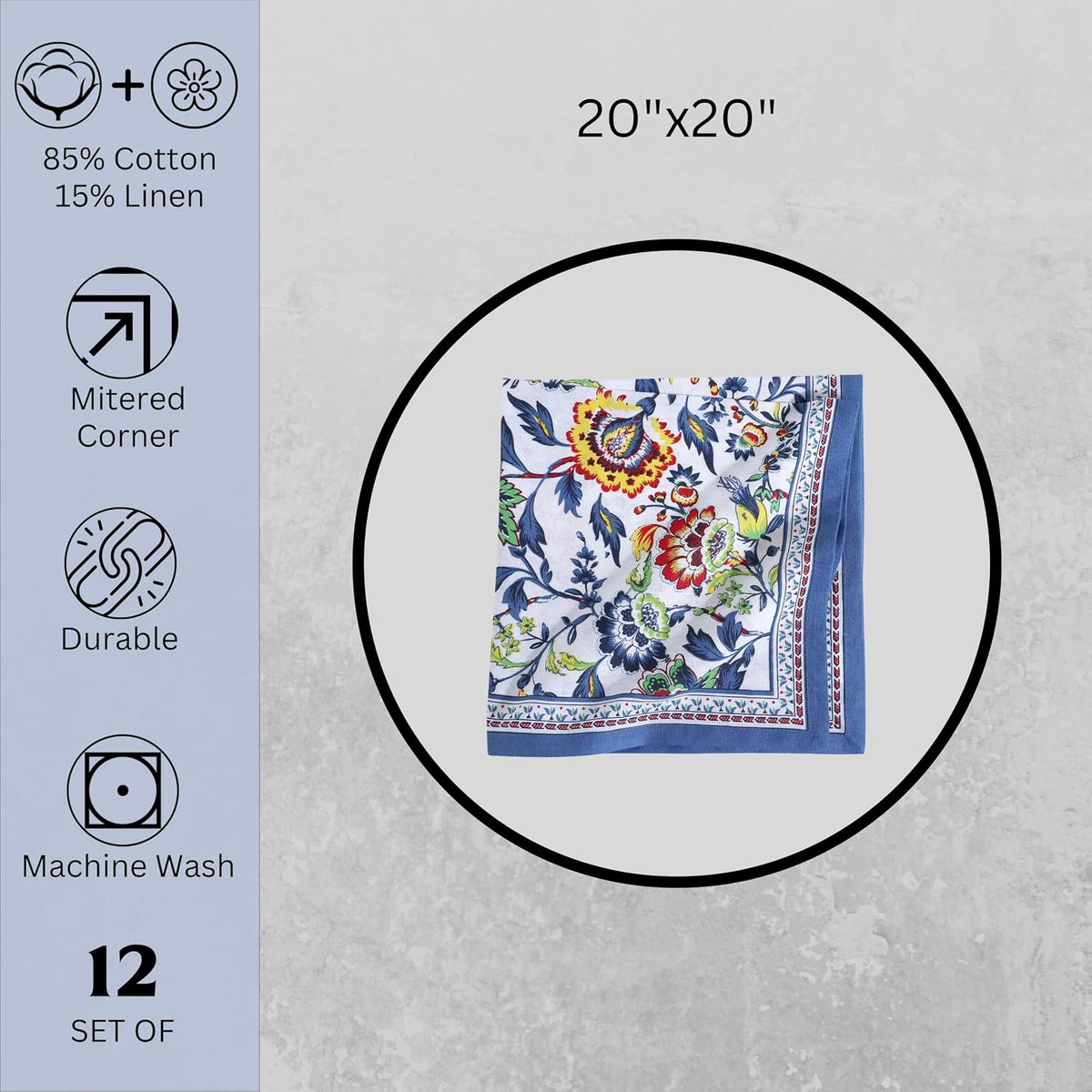 FINGERCRAFT Cloth Napkins Set of 12 Cotton Linen, 20x20 Inch, Blue Floral