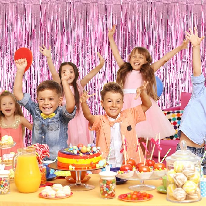 5 Pack Pink Foil Curtain Backdrop 3.2ft x 9.8ft Metallic Tinsel Foil Fringe Curtains Streamer Photo Booth Backdrop for Birthday Party Engagement Bachelorette Party Decorations (Pink)