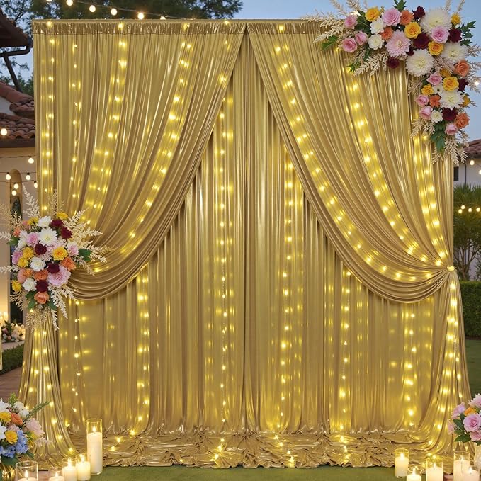 10x10 ft Gold Sequin Backdrop Curtain with Lights for Parties, Wrinkle Free Glitter Photo Backdrop Drapes Shimmer Back Drop Cloth with Light Strings for Wedding Birthday Photography Background