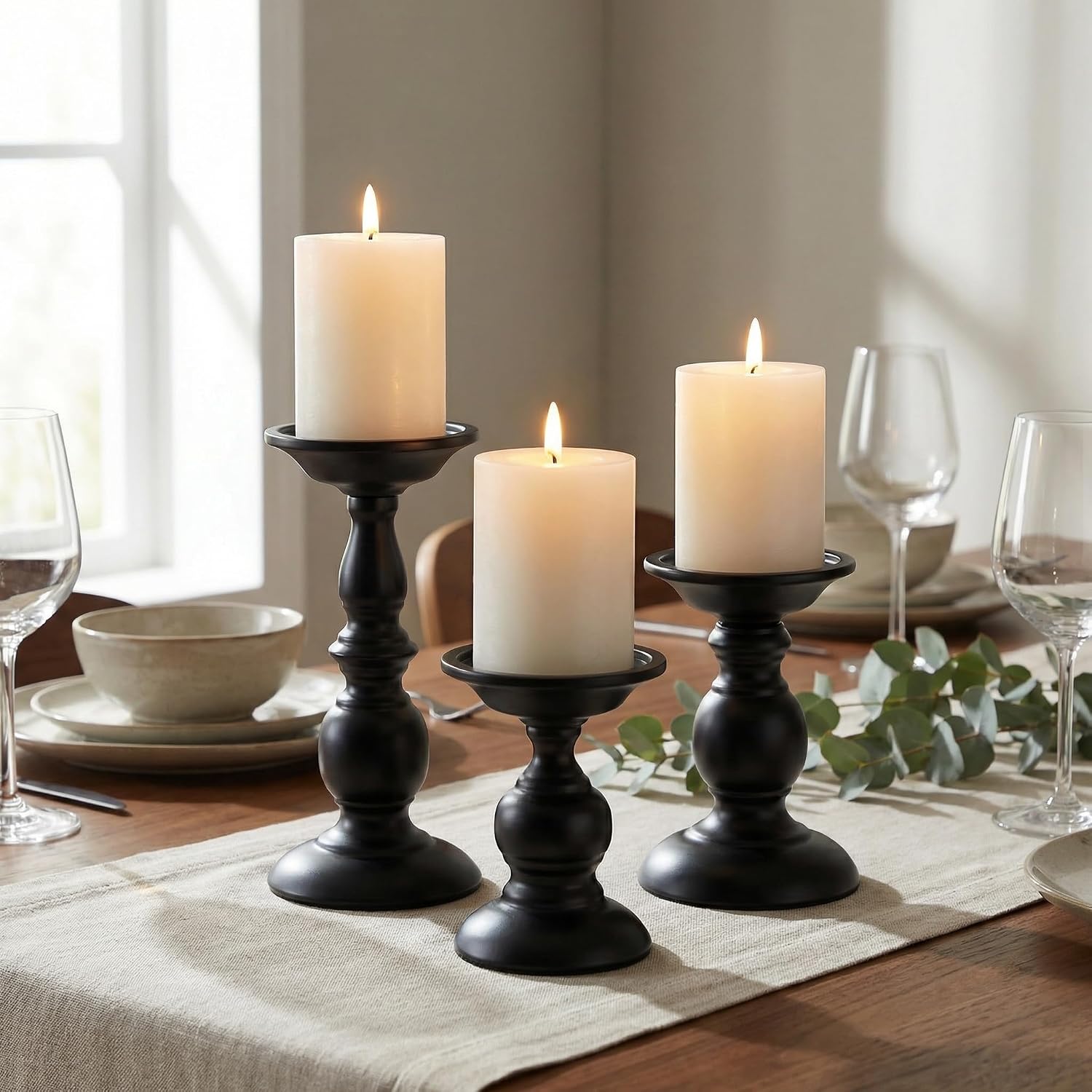 BANOMII Black Pillar Candle Holders Set of 3, Vintage Candle Holder for Table Centerpiece & Fireplace Decor, Decorative Antique Candle Stand for Dining & Living Room Decoration