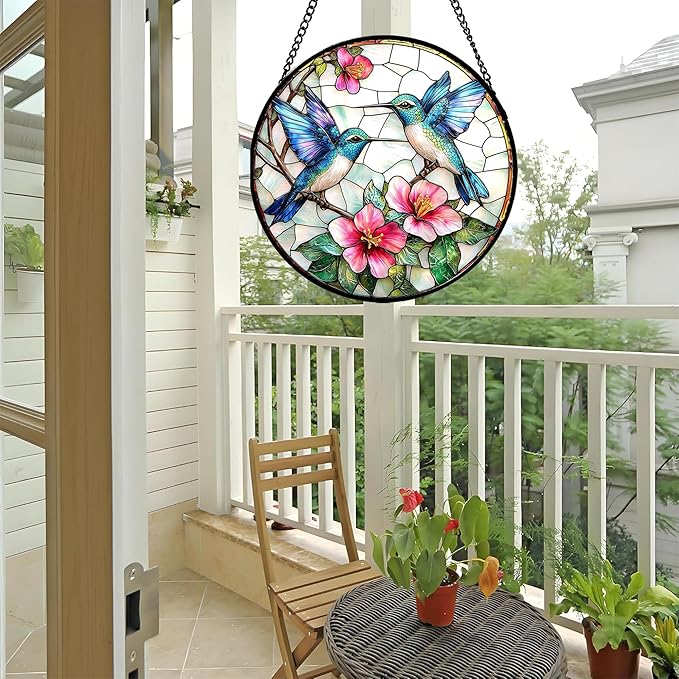Stained Glass Window Hanging - Blue White Hummingbirds Pink Flowers Suncatcher for Door Terrace Garden Home Decor Bird Sun Catcher Birthday Gifts for Lovers Women Men Dad Mom Nana 15 in