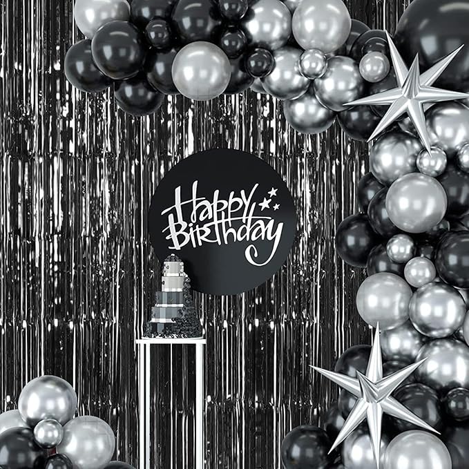 5 Pack Black Fringe Backdrop 3.2ft x 8.2ft Foil Curtain Tinsel Streamers for Birthday Party Decoration Wedding Christmas (Black)