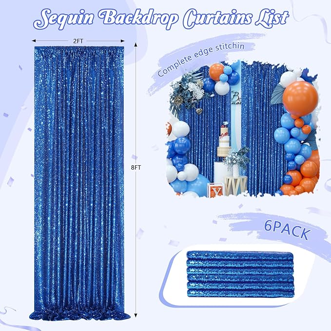 Royal Blue Curtain Panels Sequin Backdrop 6 Pieces 2ftx8ft Sparkly Curtain for Birthday Bridal Shower Theme Decorations