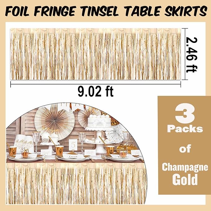 3 Pack 29 x108 Inch Champagne Gold Foil Fringe Table Skirts Metallic Banner for Tinsel Streamer Garland Backdrop for Parade Floats Mother's Day, Graduate, Birthday, Wedding Party Decoration
