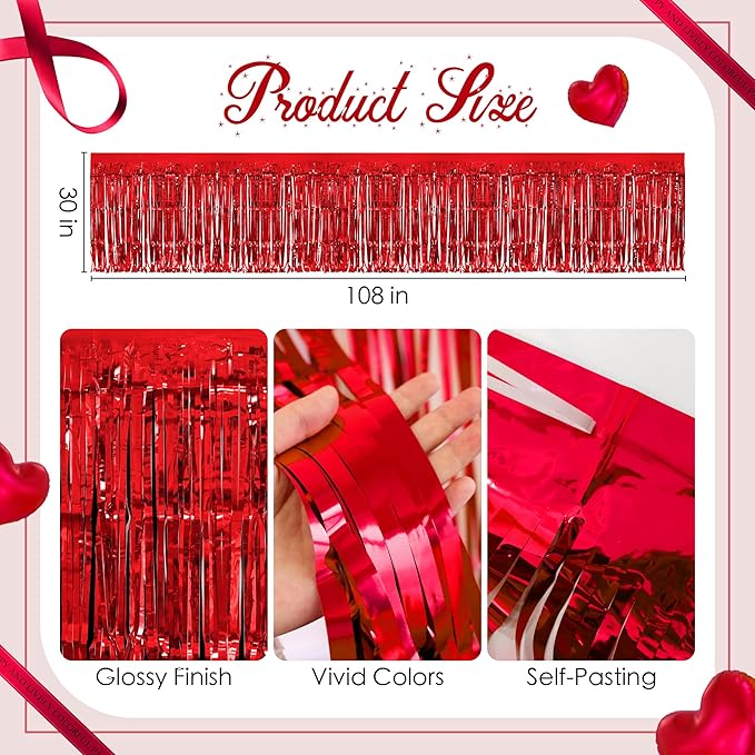 2 Pack Red Table Skirts, 29x108" Metallic Foil Tinsel Fringe Table Skirts for Rectangle Tables Streamer Curtains Backdrop, Party Decorations for Birthdays Weddings Holidays