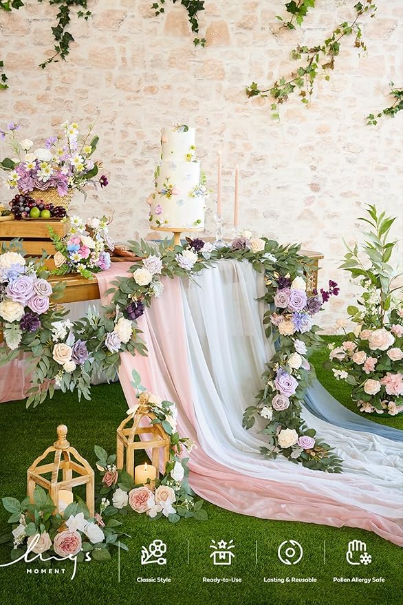 Ling's Moment Flower Garland - 6FT Eucalyptus & Rose - Sweetheart Table Decor for Wedding Reception, Artificial Floral Garland for Mantle, Thanksgiving, Christmas Decoration, Lilac & Lavender