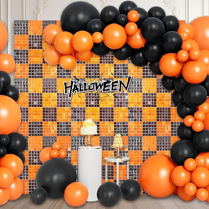 12PCS Black Orange Shimmer Wall Backdrop, Square Sequin Photo Backdrops Panel, Glitter Wall Background for Birthdays, Weddings, Christmas, Engagements, Halloween Party Decor (3FTx4FT)