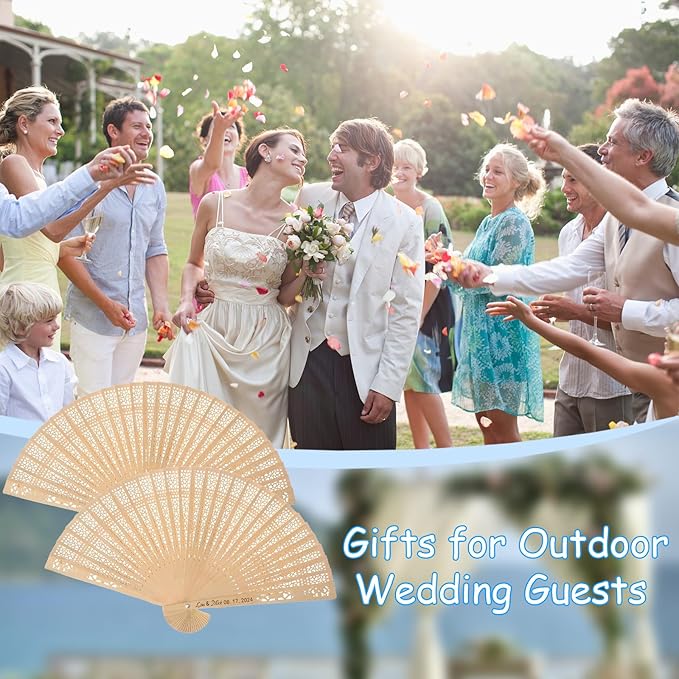 100Pcs Wedding Fans Personalized Folding Hand Fans Custom Sandalwood Wedding Fans with Organza Bags Wedding Party Favor Wedding Fans for Guests (100)