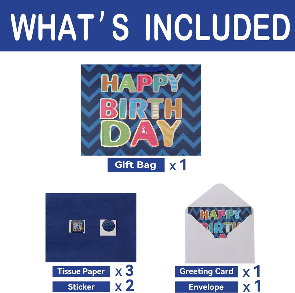 Qirrmiy 16.5” Extra Large Blue Happy Birthday Gift Bag Set with Handles, Greeting Card, Tissue Papers and Stickers for Men Boys Teens, for Kids' Parties, Laser Foil 'Happy Birthday' Design, 1 Pcs