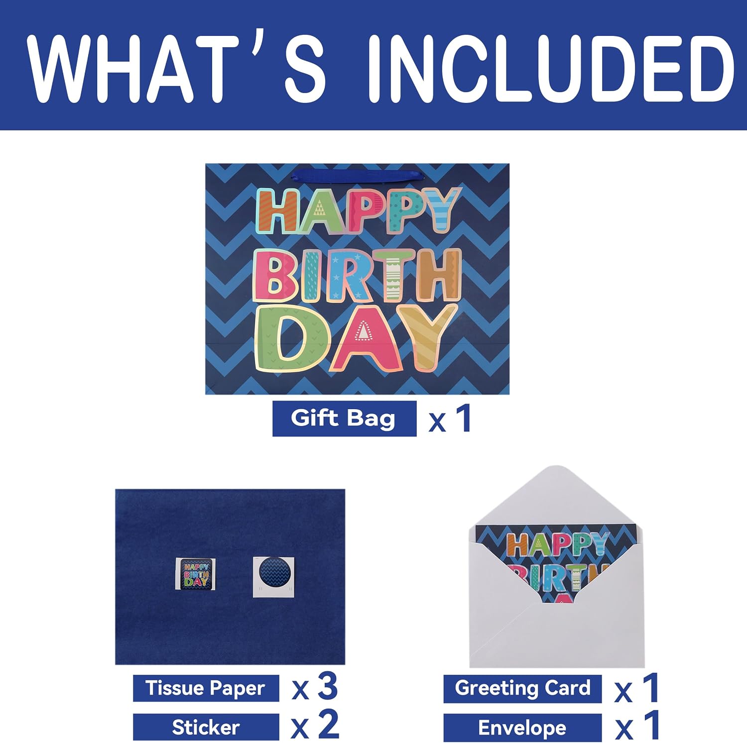 Qirrmiy 16.5” Extra Large Blue Happy Birthday Gift Bag Set with Handles, Greeting Card, Tissue Papers and Stickers for Men Boys Teens, for Kids' Parties, Laser Foil 'Happy Birthday' Design, 1 Pcs