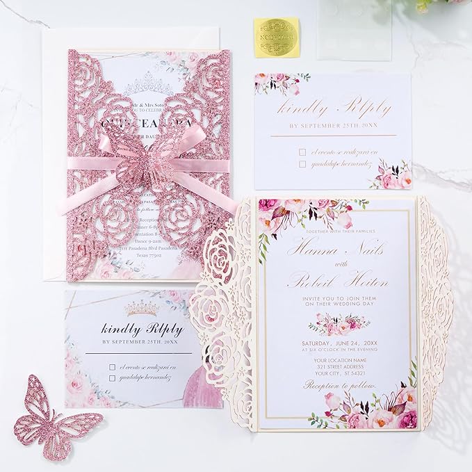 50PCS Pink Wedding Invitations Butterfly Laser Cut Invitation with Envelopes and Rsvp Card Personalized Inner Sheets for Wedding Bridal Baby Shower QuinceañEra Engagement Birthday