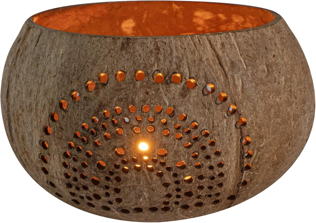 Restaurantware-Coco Casa 4 x 3.3 Inch Coconut Shell Candle Holders, 1 Reusable Tealight Holders - Candle Not Included, Rainbow Pattern, Tan Coconut Bowls for Candles, Handcrafted