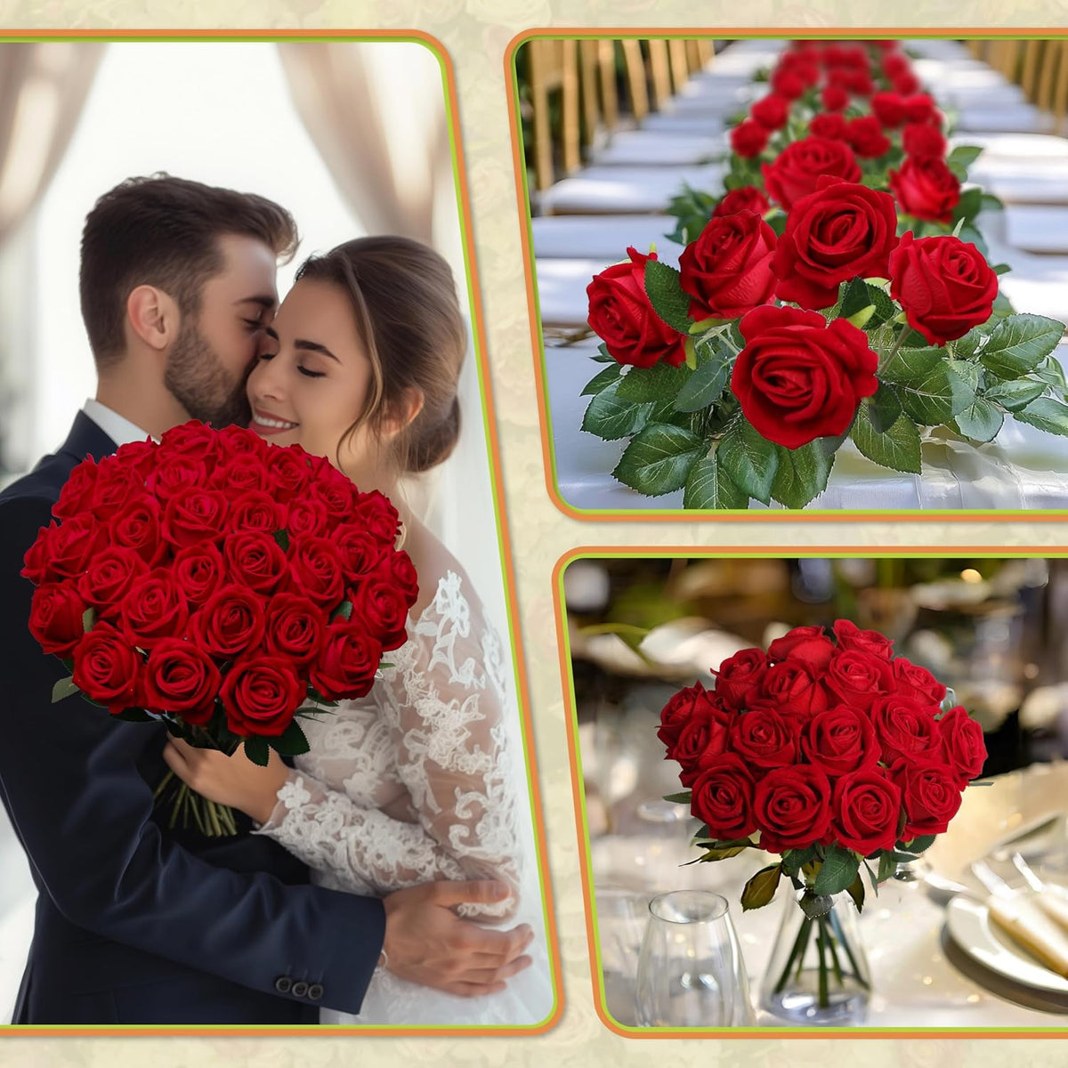50PCS Artificial Red Roses Bulk Realistic Silk Fake Flowers with Long Stems