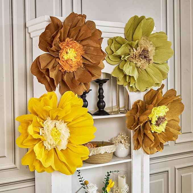 4 PCS 20" Brown Yellow Giant Paper Flowers Boho Baby Shower Party Decorations Thanksgiving Fall Autumn Large Tissue Pom Poms Neutral Floral Rustic Crepe Paper Flowers for Wall Birthday Wedding Garden
