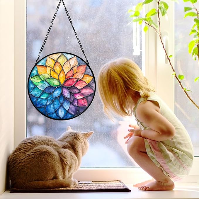 Stained Glass Window Hanging, Colorful Flower Petals Sun Catchers Diamond Glass Panel Hangings Suncatcher Decor for Birthday for Women, Men, Wife, Aunt, and Mom 9.8 in