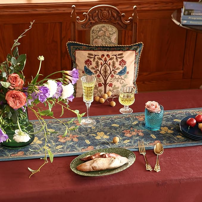 patdrea Designer Casual Wild Floral Velvet Table Runner 102 Inch Long, Dark Blue Occult Bouquets Pattern Table Mat, Decoration for Kitchen Dining Coffee Table Cabinet Banquet Thanksgiving,12"*102"