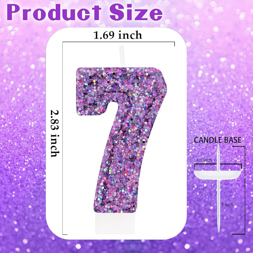 Deep Purple Glitter Birthday Candles for Girls - Number 7 Candle Cake Topper for Kpop Themed Birthday Party Decorations