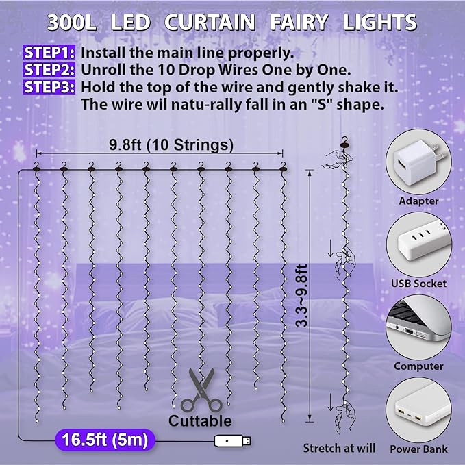 HXWEIYE 300LED Fairy Curtain Lights, 9.8x9.8Ft USB Plug-in 8 Modes Christmas String Hanging Lights with Remote for Bedroom Backdrop Wedding Party Indoor Wall Decor, Purple