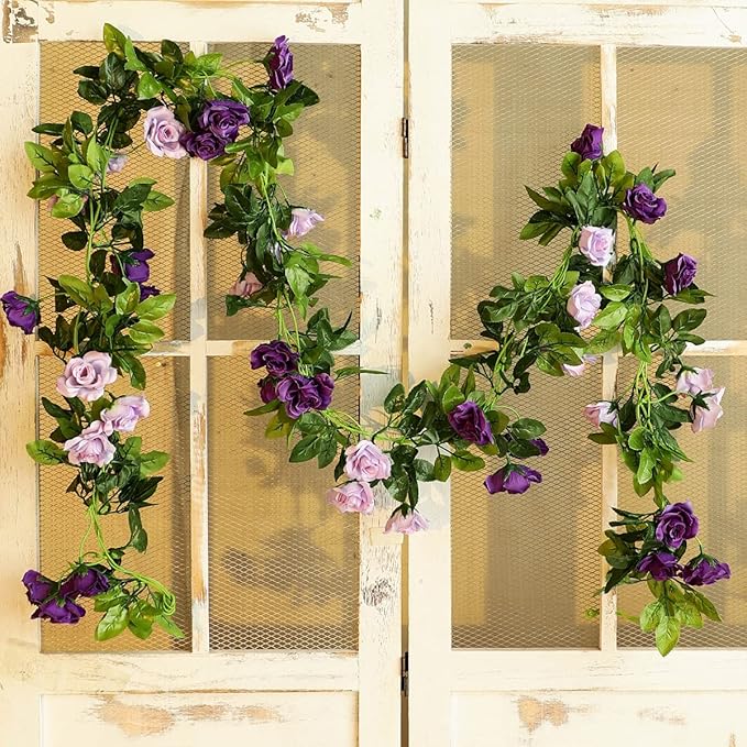 Veryhome 3PCS 23.7FT Artificial Purple Rose Flower Garland, Silk Hanging Floral Garland, Decorative Flower Vines for Room Decor Wedding Arch Flowers for Ceremony (Purple)