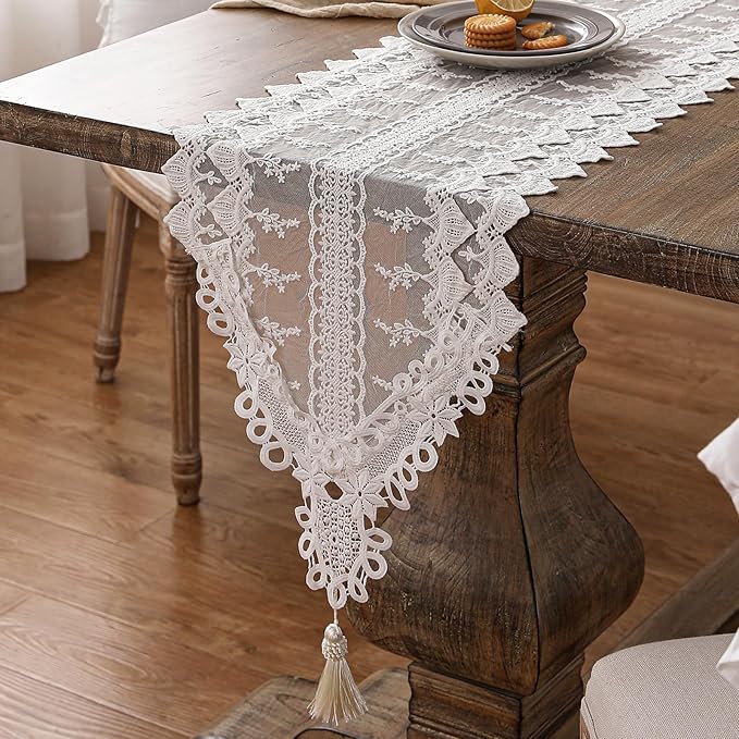 patdrea Designer Vintage White Lace Table Runner,Crochet Decorative Table Covers,Chiffon Embroidered Tasseled Table Runners, Cutwork Dresser Runners,Christmas Wedding Party Bridal 16x87 Inches Long