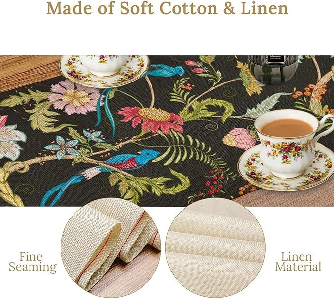 Floral Butterfly Table Runner Seasonal Spring Flower Bird Table Decoration Table Runner for Home Party Decoration 13x108 Inch