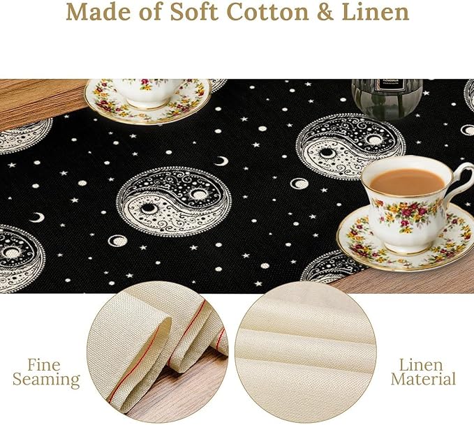 Mystical Celestial Table Runner, Vintage Bohemian Black Yin Yang Symbol Moon Stars Print Table Runner for Office Kitchen Dining Wedding Party Home Coffee Table, 13x60inch