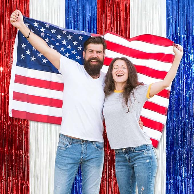 6 Pack White Blue Red Foil Fringe Curtains Backdrop, 3.28 x 8.2 Ft Metallic Streamers Tinsel Curtains Background for Photo Booth, Birthday, Weddings, Carnivals, Graduation, Themed Party Decorations