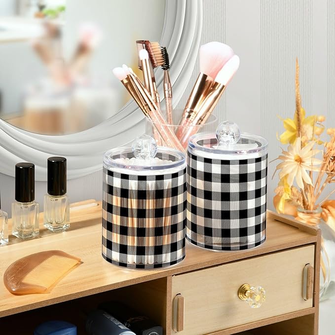 Gredecor Qtip Holder Dispenser 2 Pack Black White Classic Buffalo Plaid Bathroom Decorative Storage Canister Holder Counter Vanity Organizer for Cotton Ball Swabs Pads Floss