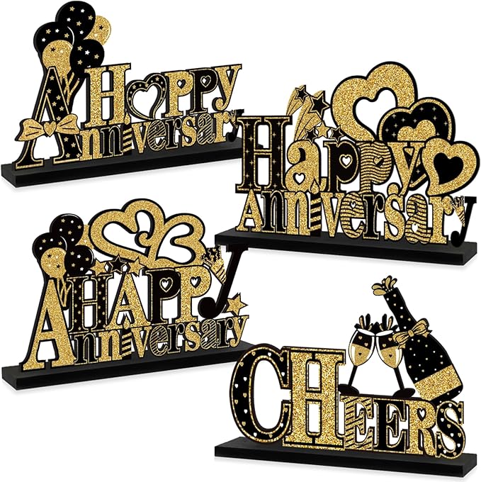 4 Pieces Anniversary Decorations Wooden Table Centerpieces, Black Gold Happy Wedding Anniversary Table Sign Party Supplies, 10th 20th 30th 40th 50th 60th Anniversary Table Decor for Indoor Outdoor