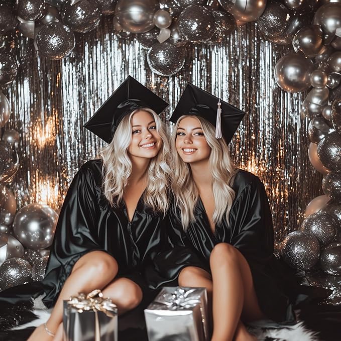 ParyWoo Silver Streamers 3pcs Tinsel Backdrop 8.2FT Metallic Tinsel Foil Fringe Streamer Curtains Party Photo Booth Backdrop for Graduation Baby Shower Bachelorette Wedding Disco Party Decorations