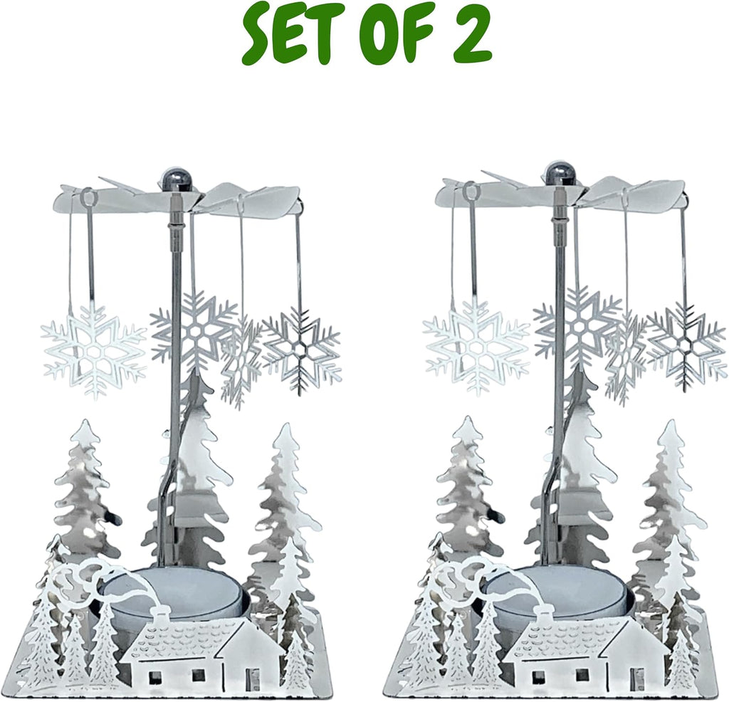 Winter Cabin Holiday Silver Candle Spinners Set of 2 – Silver Plated Laser Cut Christmas Cabin Scene Tea Light Candle Holders with Snowflake Charms – 5" Holiday Tabletop Décor