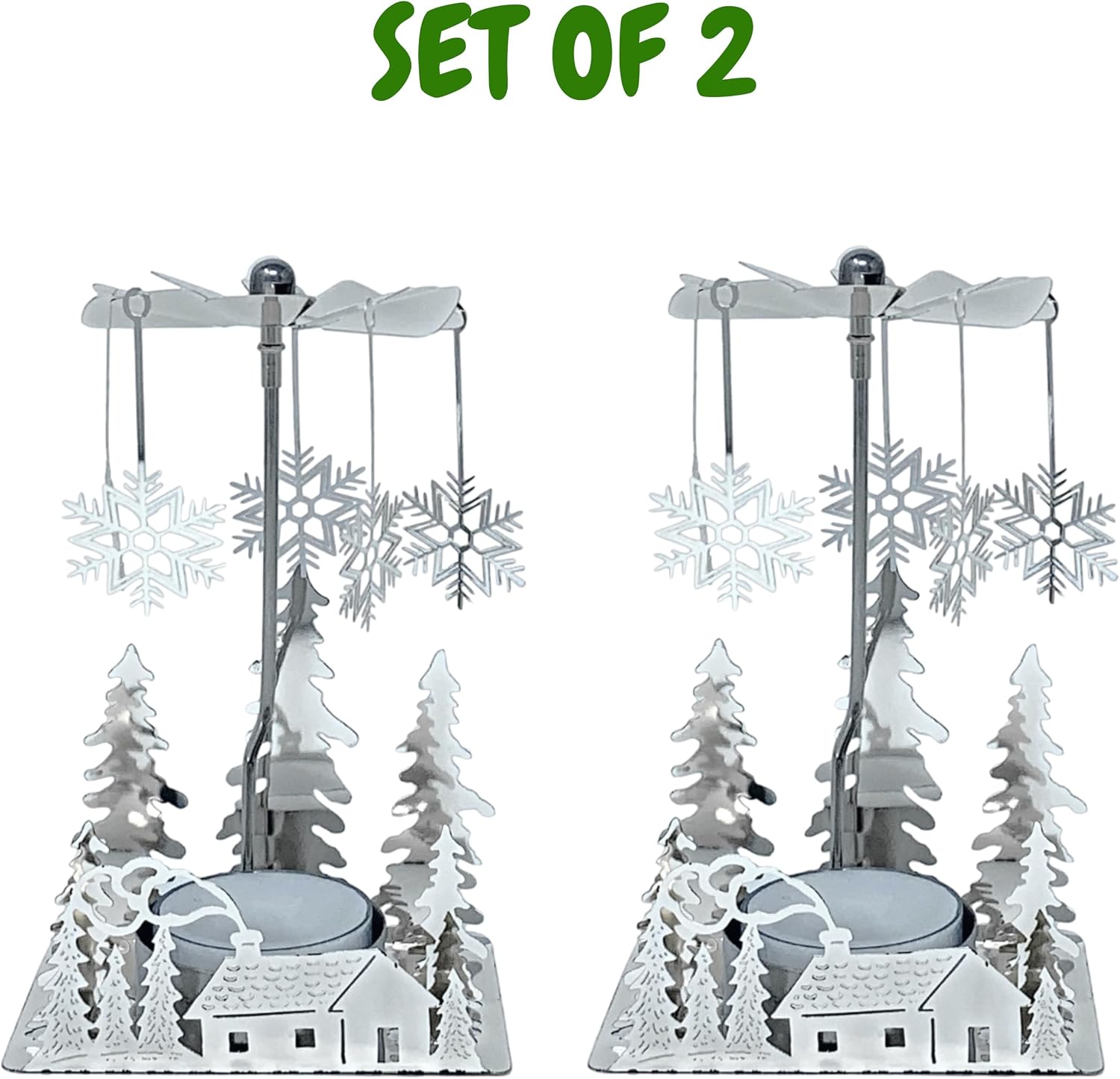 Winter Cabin Holiday Silver Candle Spinners Set of 2 – Silver Plated Laser Cut Christmas Cabin Scene Tea Light Candle Holders with Snowflake Charms – 5" Holiday Tabletop Décor
