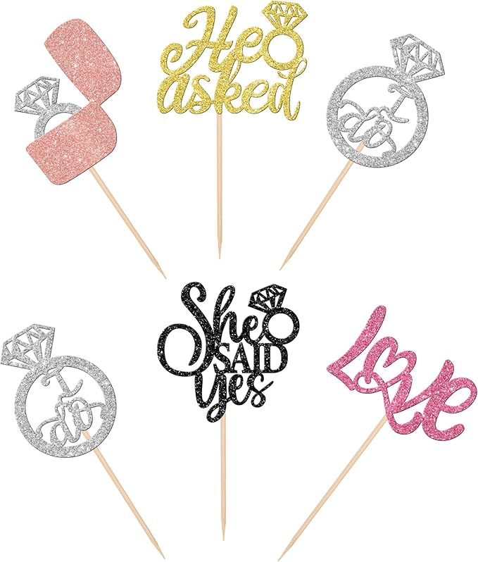 30 PCS He Asked She Said Yes Cupcake Toppers Diamond Ring Cupcake Picks Love I Do Bridal Shower Cake Decorations for Wedding Enaggement Theme Party Supplies Colorful
