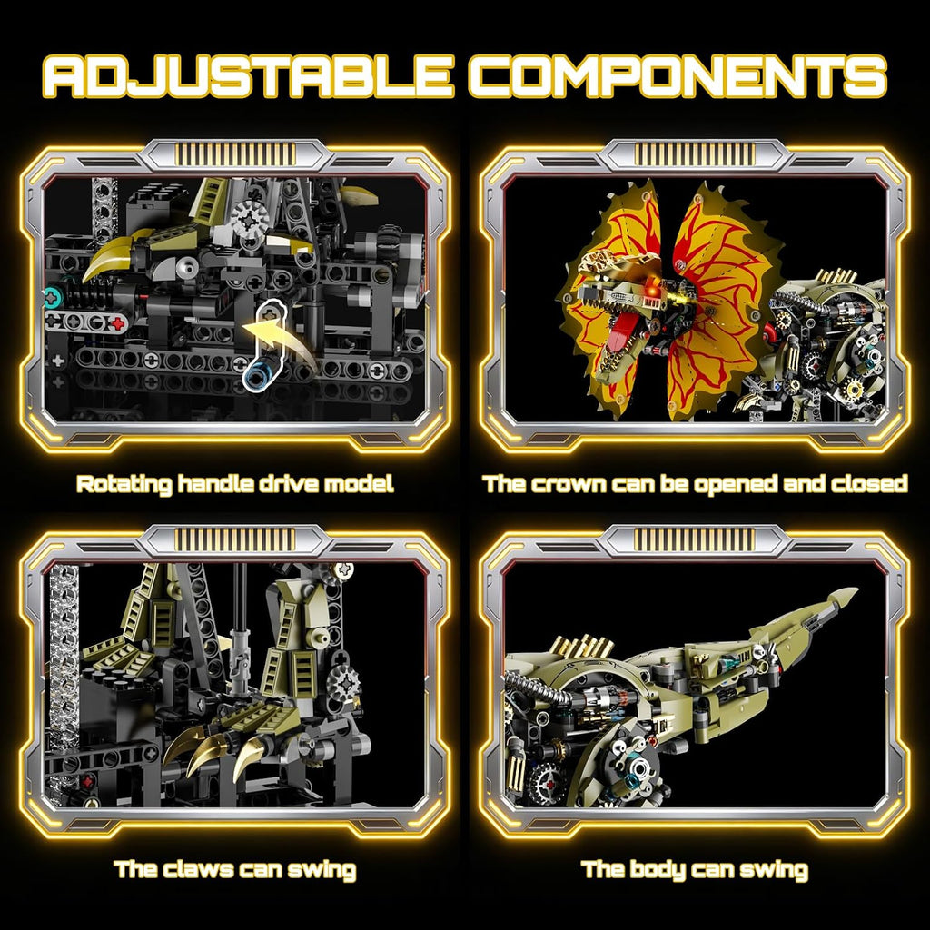 hjplpxh mechanical dilophosaurus building blocks set with led on a desk or shelf