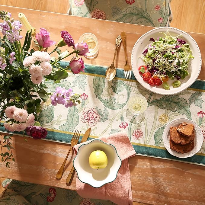 patdrea Designer Green Floral Table Runner,French Elegant Vibrant Rustic Linen with Green Leaves Patterns Fabric Table Mat,Decoration for Kitchen Dining Room Banquet Christmas,12"*102"