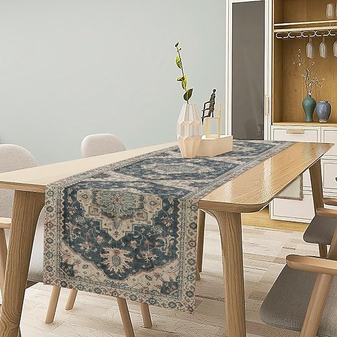 Boho Bohemia Style Table Runner, Vintage Blue Retro Flower Rustic Country Style Floral Print Pattern for Home Kitchen Table Decor Dining Coffee Room Garden Party Decor 13x72in