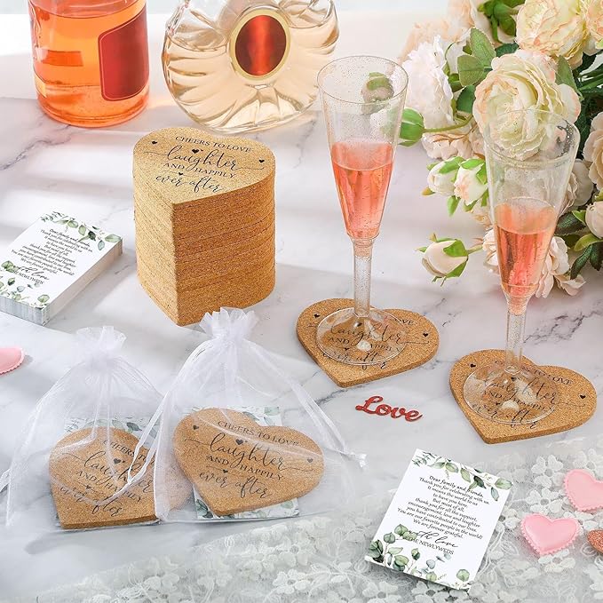 Uiifan 50 Set Wedding Favors for Guest Coaster Gifts Bulk Heart Shaped Coasters Thank You Cards Organza Bags Guest Souvenirs for Wedding Party Bridal Favors