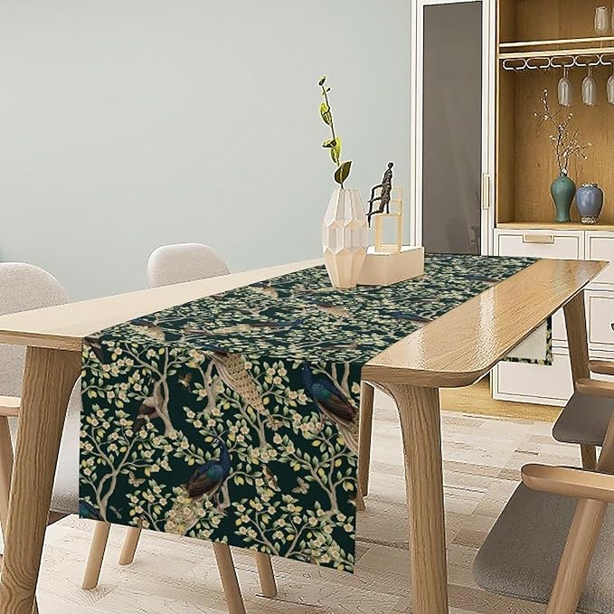 Peacock Table Runner,Retro Floral Plants Peacock Table Runner for Home Kitchen Dining Party Indoor Outdoor Decoration 13x60 Inch