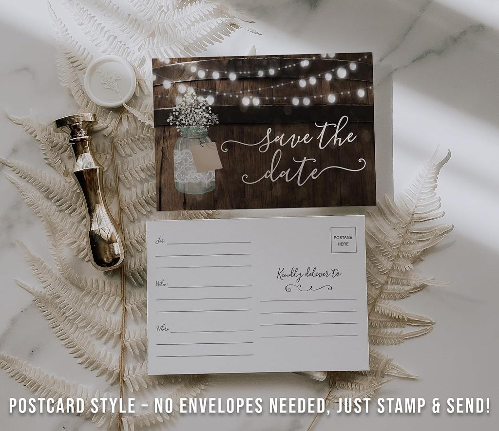 Your Main Event Prints 50 Rustic Mason Jar Save The Date Cards for Wedding, Engagement, Anniversary, Baby Shower, Birthday Party, Wood Save The Dates Postcard Invitations (Pack of 2)