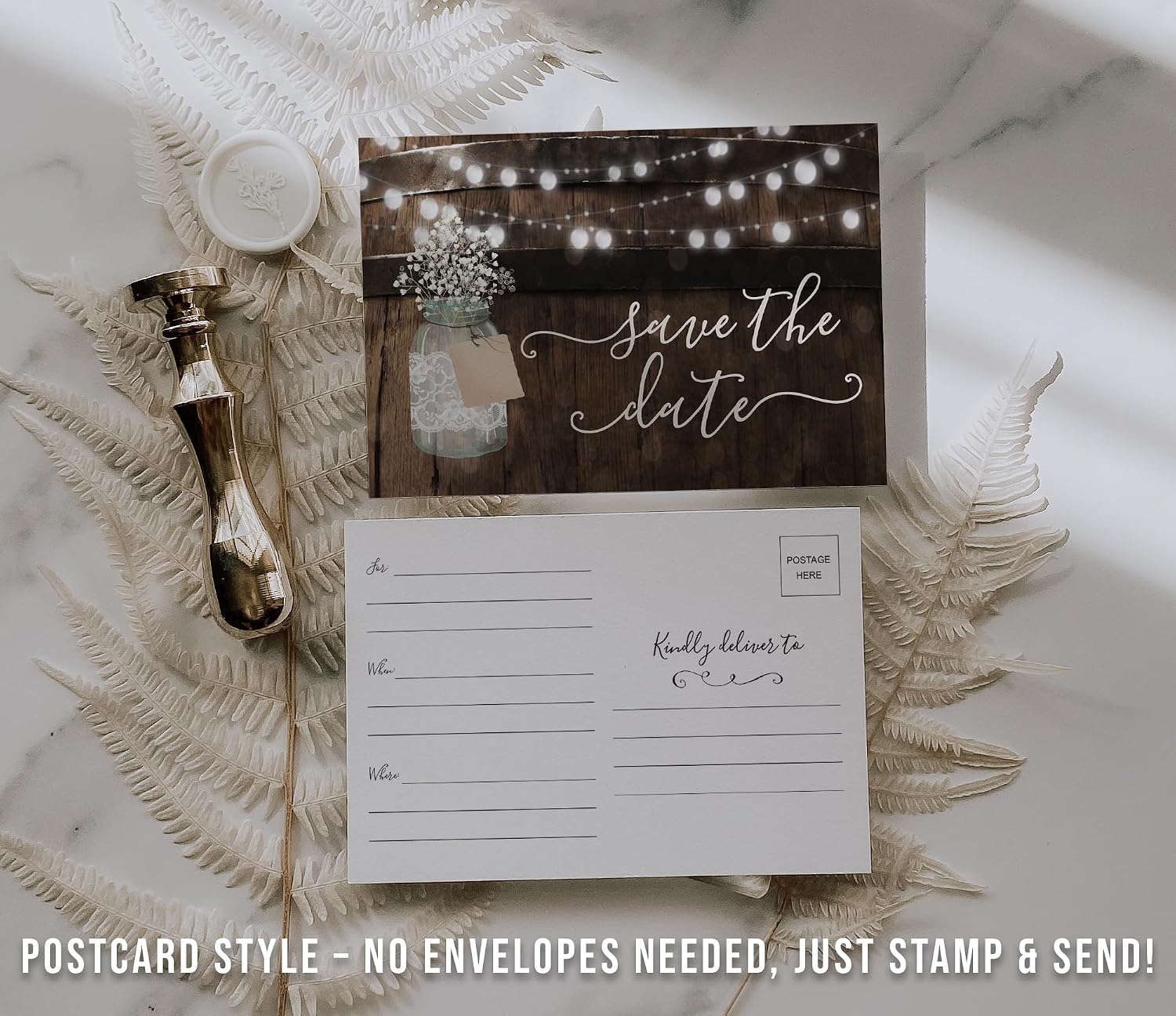 Your Main Event Prints 50 Rustic Mason Jar Save The Date Cards for Wedding, Engagement, Anniversary, Baby Shower, Birthday Party, Wood Save The Dates Postcard Invitations (Pack of 2)