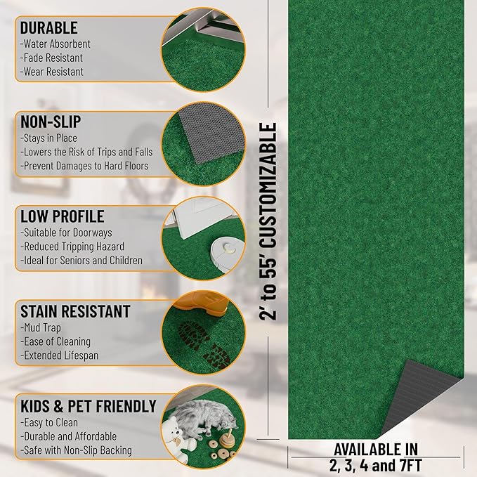 Ottomanson 2'7" x 14' Hallway Runner with Scraper Pile - Extra Durable Non-Slip Rug Mat for Indoor & Outdoor Use - Ideal for Kitchen, Entryway & Garage - High-Traffic Carpet, Green