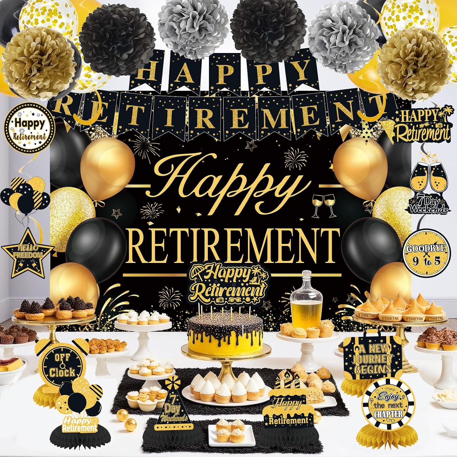 Retirement Party Decorations for Men Women Black Gold Happy Retirement Banner Backdrop Balloons Paper Pompoms Honeycomb Centerpiece Cake Topper Hanging Swirl Set