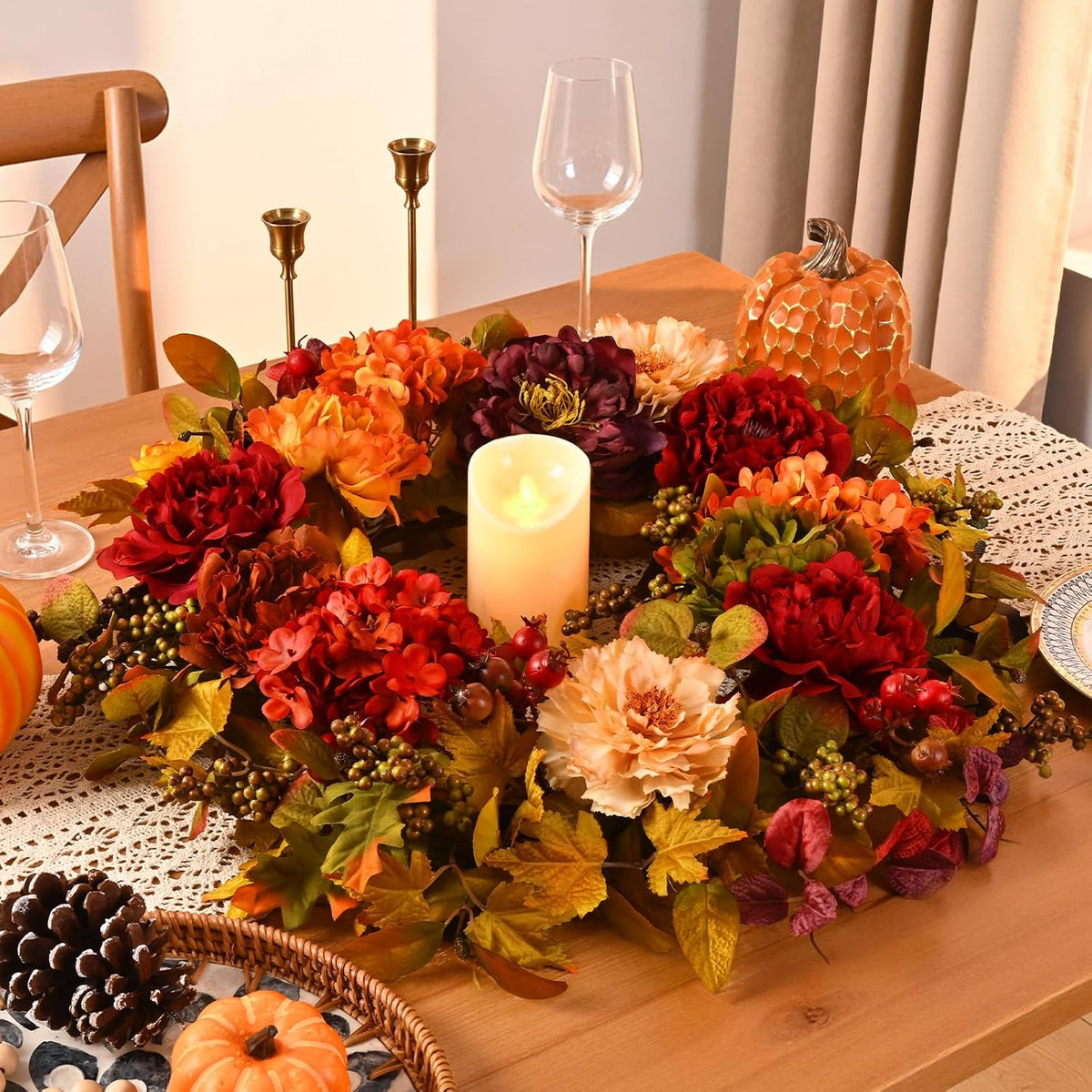 2 Pcs Fall Wreaths for Front Door, 24 Inch Fall Door Wreath with Hydrangea