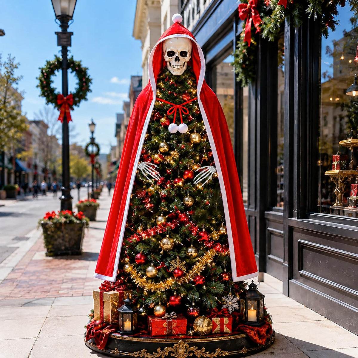 8" Christmas Skull Tree Topper and Red Cloak Skeleton Hand, Goth Xmas Decor