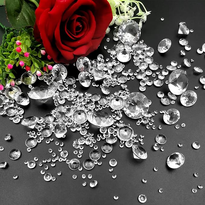 1000 pcs Acrylic Diamond Gems, Clear Acrylic Diamonds Decorations Faux Diamonds Table Scattering Gemstones Vase Filler for Party, Event, Wedding, Birthday (Clear,30mm, 20mm, 12mm, 8mm, 4mm)