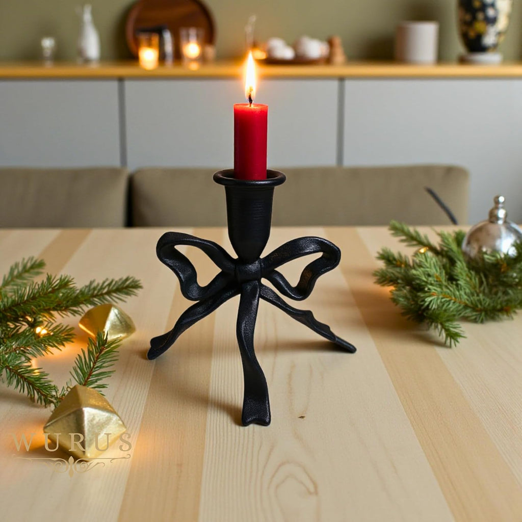 Bow Candle Holder, Bow Metal Taper Candle Holder 5" H x 4.81 W, Gold, Black, Decorative Candle Holders for Centerpiece, Table, Wedding (Black)