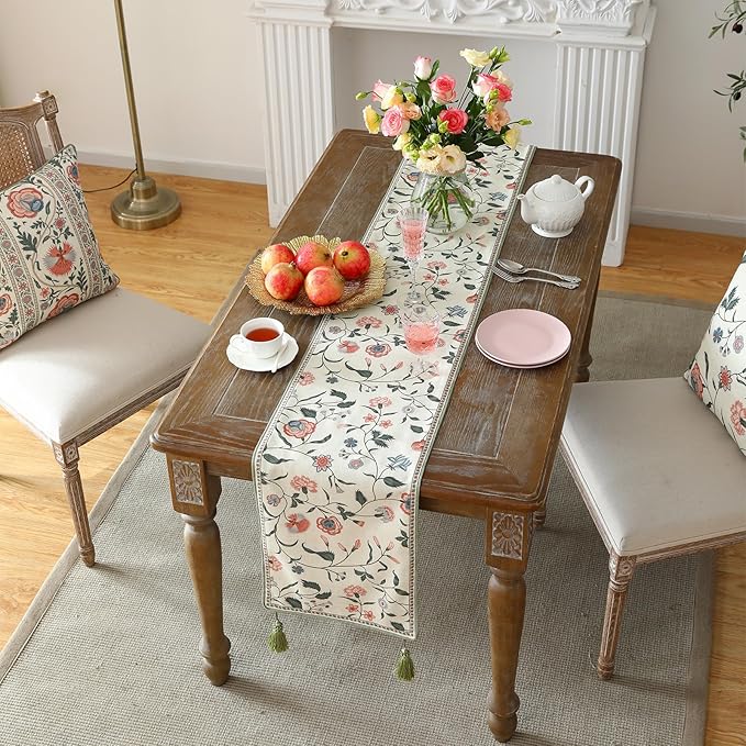 ISAENNE Designer Chinoiserie Elegant Linen Floral Table Runner 102 Inches Long,White Wrinkle Resistant Table Runners for Dining Tables,Thanksgiving,Kitchen Tables,Christmas,12"*102"-Daffy A