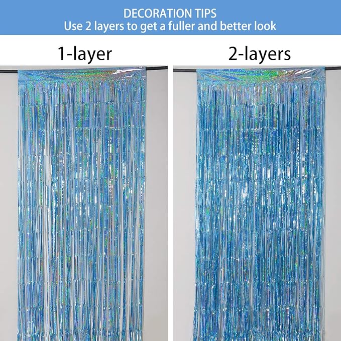 Foil Fringe Curtains Party Decorations - Melsan 3 Pack 3.2 x 8.2 ft Tinsel Curtain Party Photo Backdrop for Birthday Party Baby Shower or Graduation Decorations Light Blue