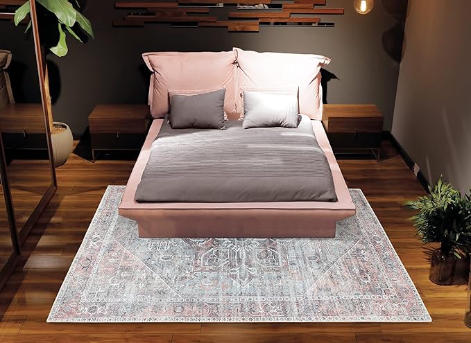Bloom Rugs Washable Non-Slip 3' x 5' Rug - Light Pink/Light Blue Traditional Medallion Area Rug for Living Room, Bedroom, Dining Room, and Kitchen - Exact Size: 3' x 5'